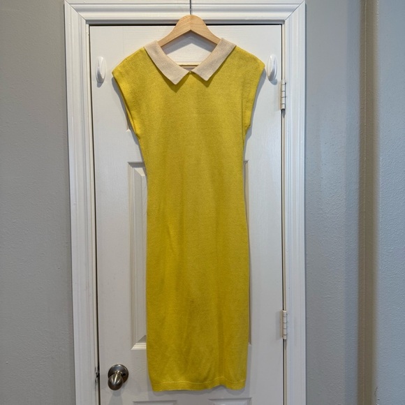 Vintage 60s Midi Knit Dress Women’s Small Yellow Cream Button Up Collar Feminine - Picture 3 of 9